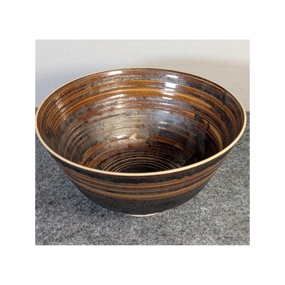 Vintage Studio Art Pottery Bowl Metallic Bronze Brown Glazed Signed FZ 4" Tall